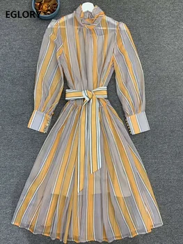 

2020 Spring Summer Fashion Striped Dress High Quality Women Stand Neck Tunic Buttons Belt Deco Long Sleeve Mid-Calf Dress Female