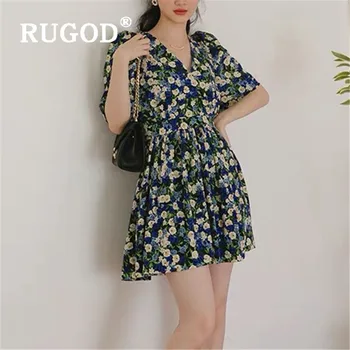 

New korean daisy floral dress women elegant v neck short sleeve tunic ruffle dress casual summer mini dress 2020 vestidos
