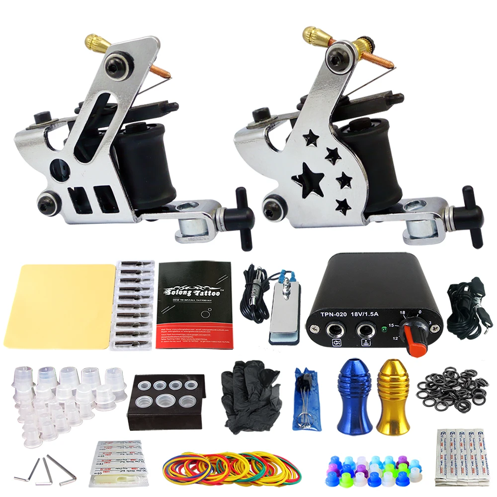 

Beginner Complete Tattoo Machine Tattoo Starter Kits 2 Pro Machine Guns Power Supply Needle Grips Tips Permanent Makeup Device