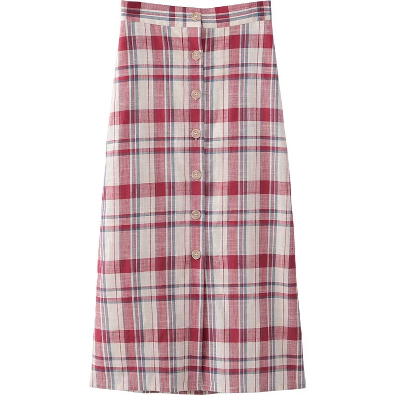 

2020 Split Straight Plaid Skirt Single Breasted Spring Autumn