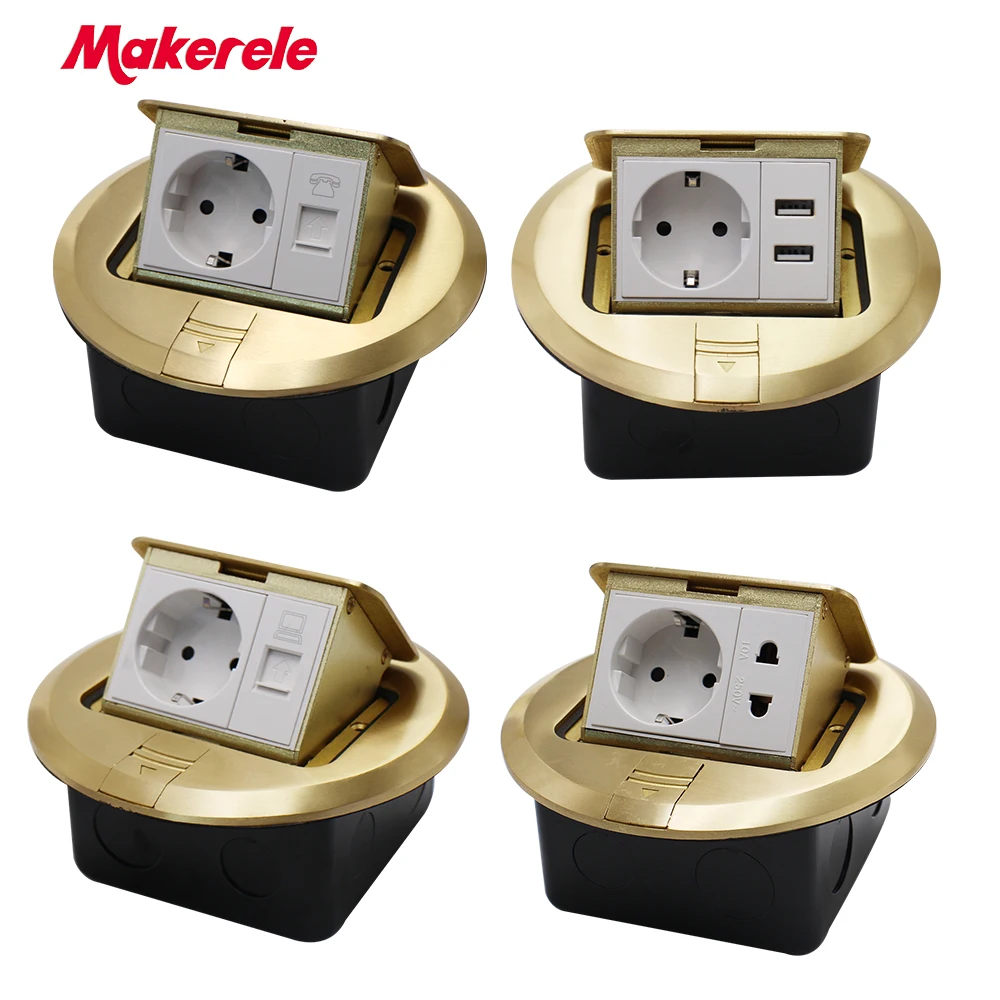 

Floor Socket EU Standard round shape Pop Up Outlet Box with rj45 net/phone/USB connector Copper alloy panel Makerele