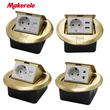 

Floor Socket EU Standard round shape Pop Up Outlet Box with rj45 net/phone/USB connector Copper alloy panel Makerele