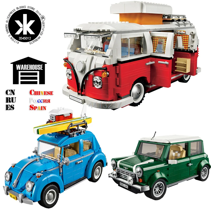 Online Creador de la ciudad de coche Retro juguete Legoing técnica serie Cooper T1 Camper Van conjuntos Compatible Legoing coche bloques juguetes para niños de regalo