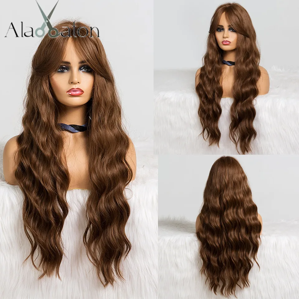 ALAN EATON, длинные волнистые коричневые парики с челкой, синтетические парики для черных женщин, термостойкие волокна, косплей, вечерние парики из натуральных волос