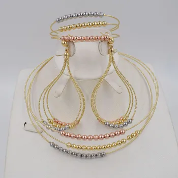 

High Quality Dubai 3color Gold color Jewelry Set For Women african beads jewlery fashion necklace set earring jewelry