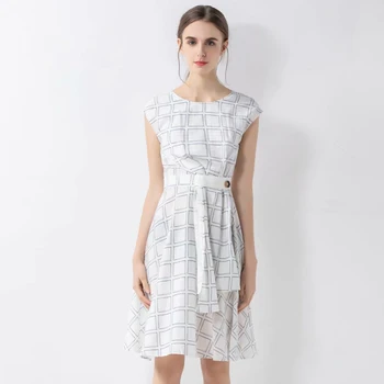 

Runway Designer New Print Lattice Belt Elegant Temperament Slim Lotus Leaf Dress Women'S New High-Quality Spring And Summer