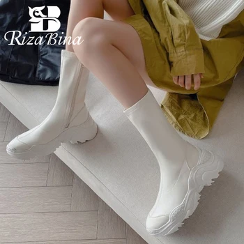 

RIZABINA Real Leather Women Short Boots Flats Zipper Shoes Round Toe Winter Warm Boots Women Fashion Party Footwear Size 34-39