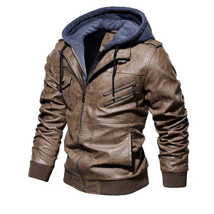 Мужская верхняя одежда из искусственной кожи с капюшоном мотоциклетное пальто Байкерский стиль для осени и зимы теплое пальто FK88