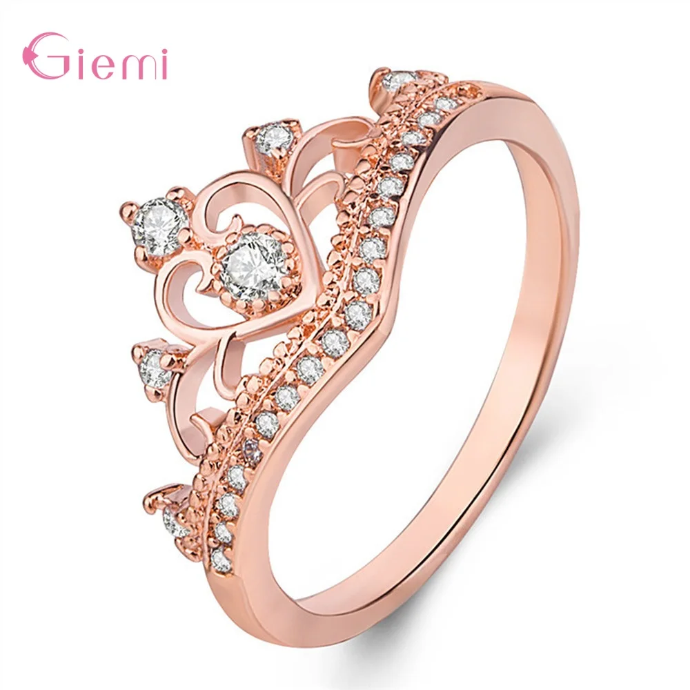 Rose Gold 925 пробы, серебряное, роскошное, принцесса, корона, дизайн, CZ, кристалл, кольцо на палец для женщин, девушек, невесты, свадьба, массивное ювелирное изделие - Цвет основного камня: Rose Gold