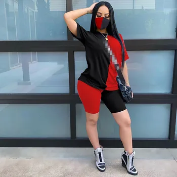 

JRRY Casual Women Tracksuit Two Pieces Set Short Sleeve Top Short Pants 2 Pieces Set Outfit Casual Ladies Print Outdoor Wears