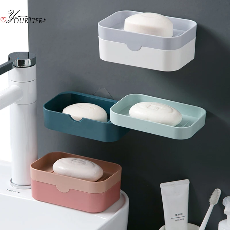 

OYOURLIFE Rotatable Bathroom Double-layer Soap Holder Wall Mounted Drain Soap Tray Stand Soap Container Bathroom Accessories