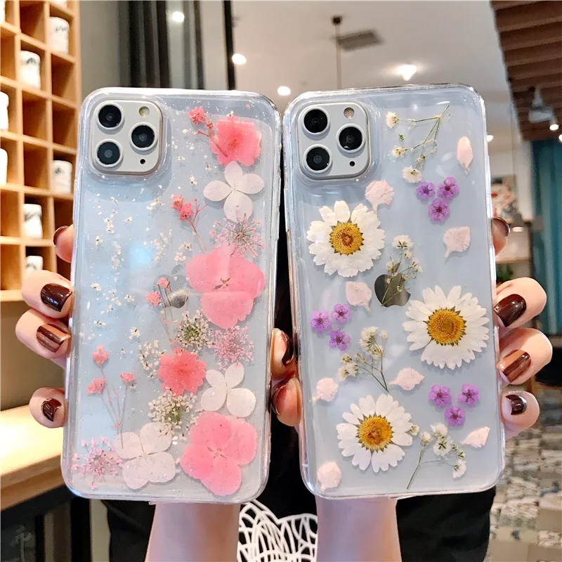

Real Dried Flowers Cases For iPhone X XR XS Max 6 6S 7 8 plus 11 Pro Max Phone Case Luxury Sequins Glitter Soft Handmade Cover