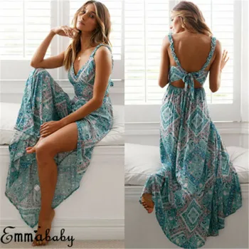 

Women Long Bohemian Backless Sleeveless Drawstring Maxi Party Dress Chiffon Elegant V-Neck Summer Beach Dresses Sexy S M L XL