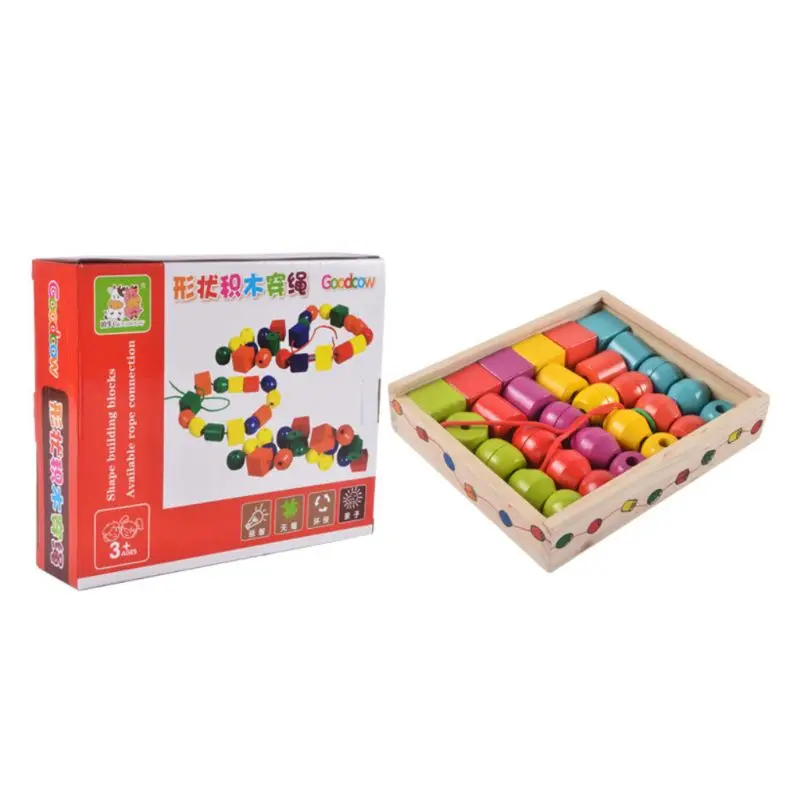 Perles de laçage en bois de forme géométrique enfants Montessori blocs filetage jouet éducatif cadeau pour enfants