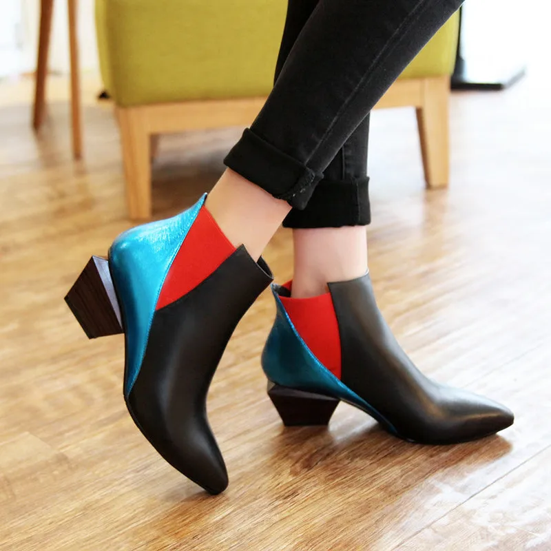 

Womens Pointed Toe Match Colors Ankle Boots Chunky Strange Heel Chelsea Western Shoes PU Leather 4Color Plus Size Warm Winter