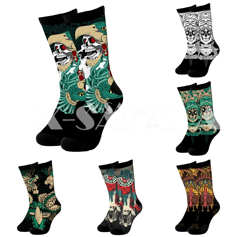 

Aztec Maya Day Of The Dead Skull Art 3D Print Long Cotton Socks Cycling Casual Novelty High Socks Men Women Funny Colorful-4