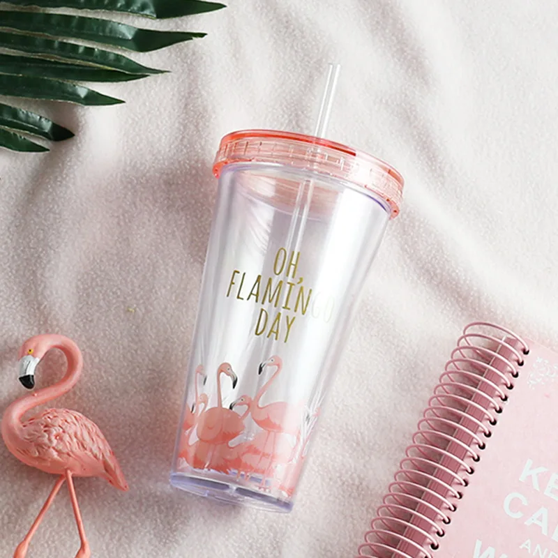 

Creative Flamingo Plastic Cups With Straw Drinkware Cartoon Drinking Container Double Wall Coffee Tea Milk Juice Water Cup Mugs