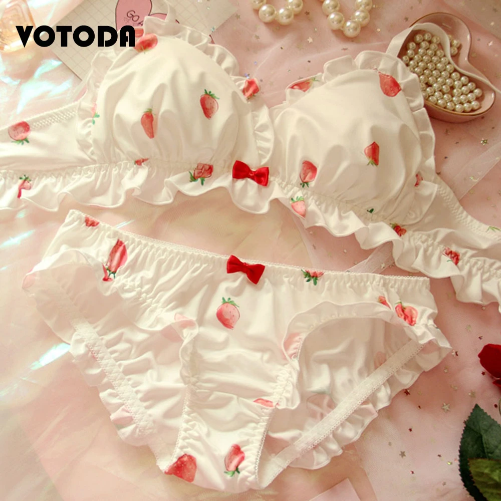 lounge underwear set Girls Strawberry Cute Sweet Bra Panty Set Japanese Kawaii Lolita Lingerie Briefs Suit Women Milk Silk Wire Free Soft Underwear bra sets