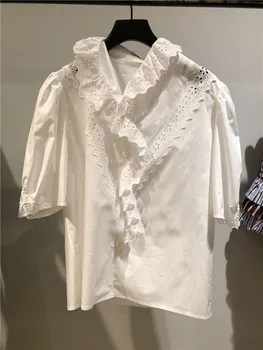 

18 Summer Sweet Hollow Out Lace Splicing Short Sleeve Shirt Top 85091