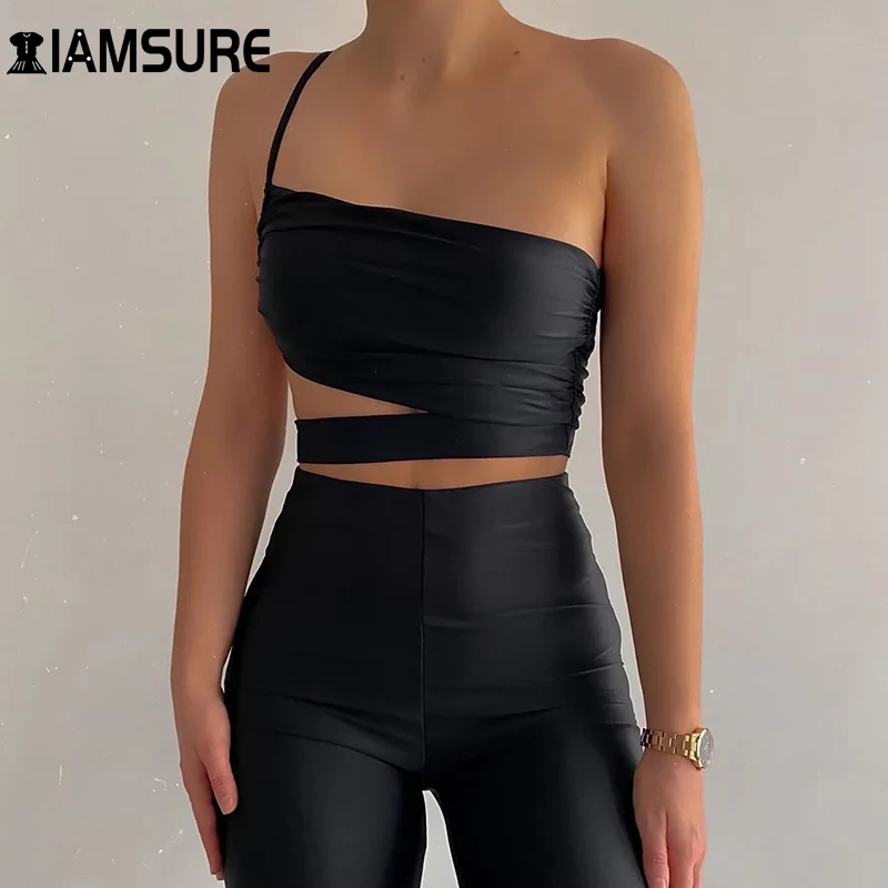 

IAMSURE Black Cross Sexy Crop Tops Y2k One Attached Spaghetti Strap Tank Top Backless Sleeveless Women Party Club Wear Camis