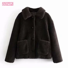 Черное теплое Женское пальто из овечьей кожи с длинным рукавом, флисовый карман, однобортный отворот Harajuku, Женская куртка, шикарный теплый топ