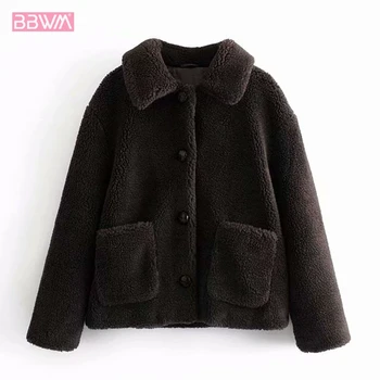 

Black Loose Lambskin Warm Female Coat Long-sleeved Fleece Pocket Single-breasted Lapel Harajuku Women's Jacket Chic Warm Top