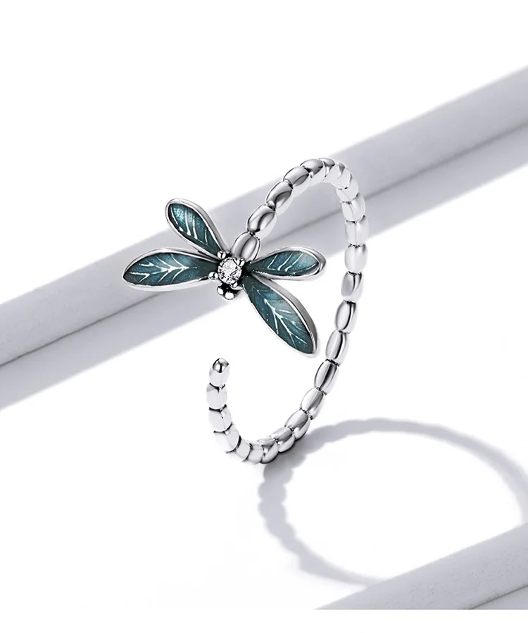 pandora earrings bamoer Vintage Green Dragonfly Ring 925 Sterling Silver Adjustable Finger Ring with Clear CZ Women Jewelry (packaged with box) rings