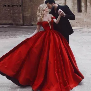 

Smileven red Off The Shoulder Princess Wedding Dresses Ball Gowns Satin Bride Dress Robe De Mariage Custom Made