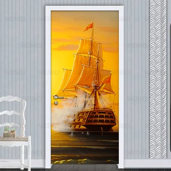 

PVC Waterproof Door Sticker Modern Creative Paper Sailing Boat Poster Photo Wallpaper Living Room Study Door Mural Self-adhesive