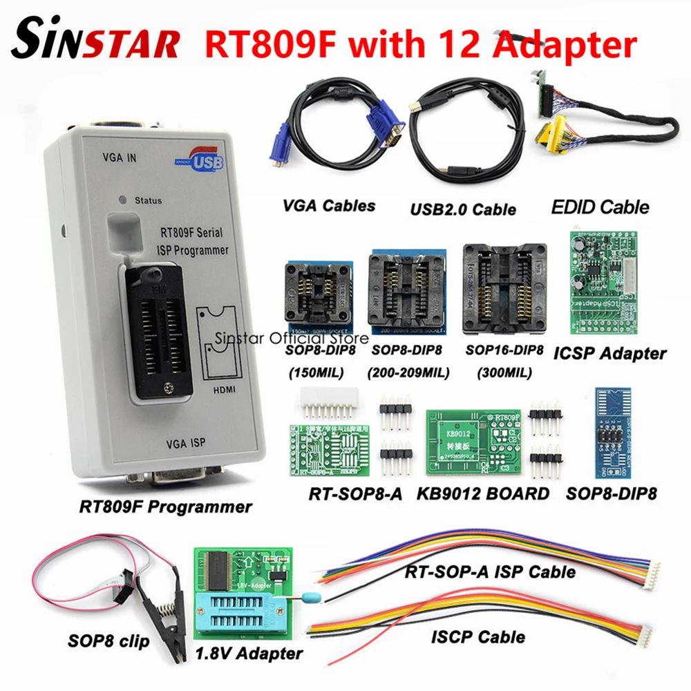 PROD 32981675948 Free Shipping RT809F Serial ISP Programmer with 11
adapters +1.8v adapter+SOP8 test clip+EDID cable Best Quality