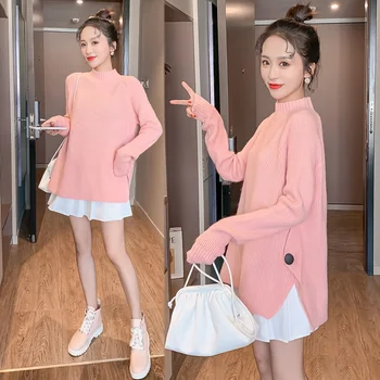 

Autumn Winter Korean Fashion Knitted Patchwork Maternity Sweaters A Line Shirt Clothes for Pregnant Women Pregnancy Tops