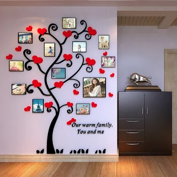 

Acrylic 3d frame family tree customized crystal acrylic pink heart family tree photo frame wall stickers Home decoration