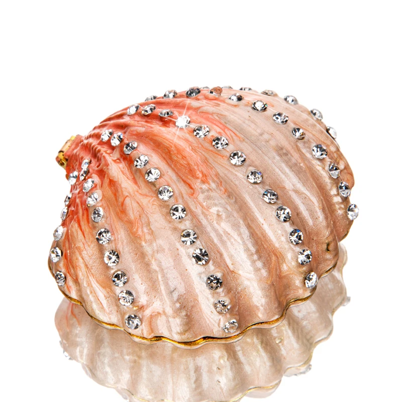 

H&D Seashell Trinket Box Hinged Collectible Crystals Jeweled Painted Enameled Decorative Jewelry Holder Box Wedding Favors Gift