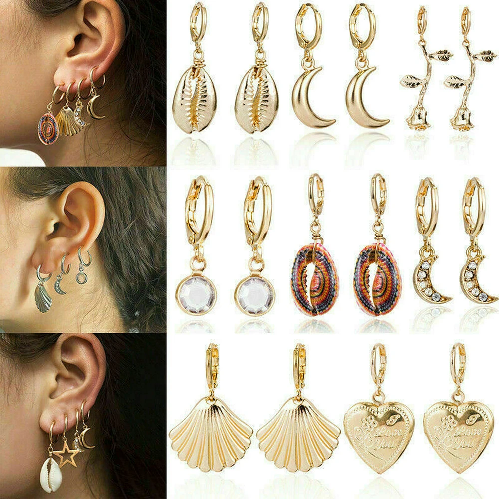 

Shell Statement Metal Earrings Fashion Gold Hoop Boho Drop Dangle Earrings NEW Heart Star Snowflake Trepadores Oreja For Women