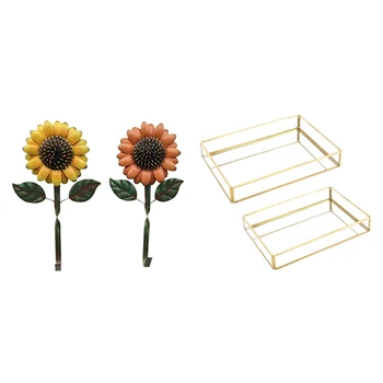 

2 Pack Vintage Decorative Hooks Metal Sunflower Hook & 2Pcs Tray Gold Rectangle Glass Makeup Organizer Tray