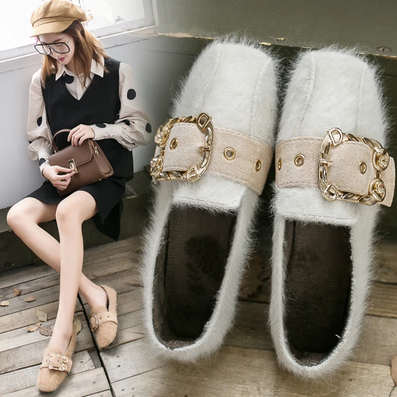 

Square Toe Casual Woman Platform Shoes Loafers Fur Women All-Match Autumn Shallow Mouth Slip-on Flats Women's Moccasins New