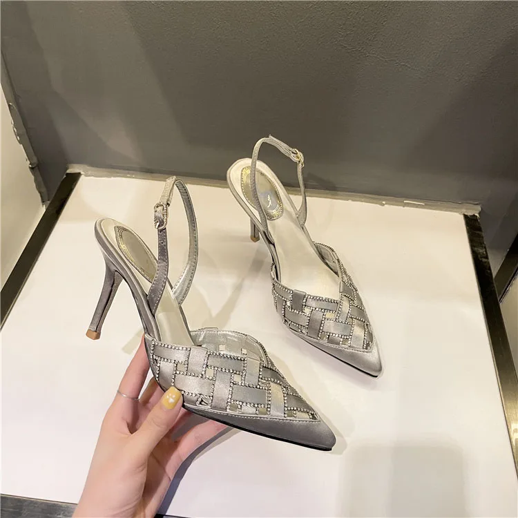 Sexy Rhinestone Braid Silk Strap Wedding Pumps One Strap Low Cut Pointy Toe Thin Heel crystal square cross Shoes party high heel