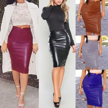 

Fashion Women Solid Color Faux Leather High Waist Stretchy Sliming Bodycon Skirt