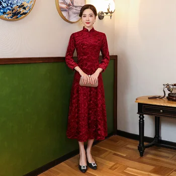 

Sexy Lace Beads Cheongsam Women Plaid Evening Party Dress Elegant Burgundy Qipao Winter New Improvement Noble Vestidos