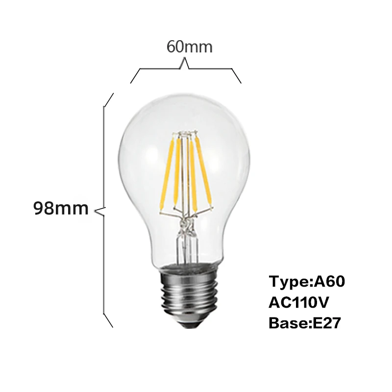 A60 110V Светодиодная лампа накаливания 2 Вт, 4 Вт, 6 Вт, 8 Вт, 220 В, 110 В, Ретро стиль, светодиодная лампа Эдисона E27, G95, A60, ST64, винтажный C35, E14, светодиодный светильник в форме свечи, лампа для домашнего декора - Испускаемый цвет: A60 110V