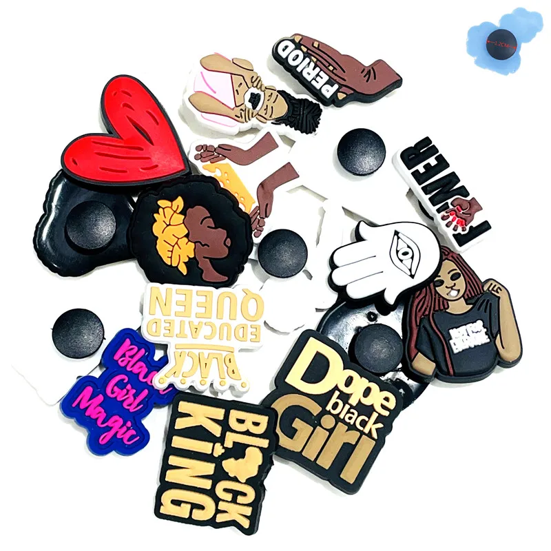 

Single Sale Dope Black Magic Girl PVC Shoes Accessories Black Lives Matter Garden shoes Croc Jibz Charm DIY Bracelet Kids Gift