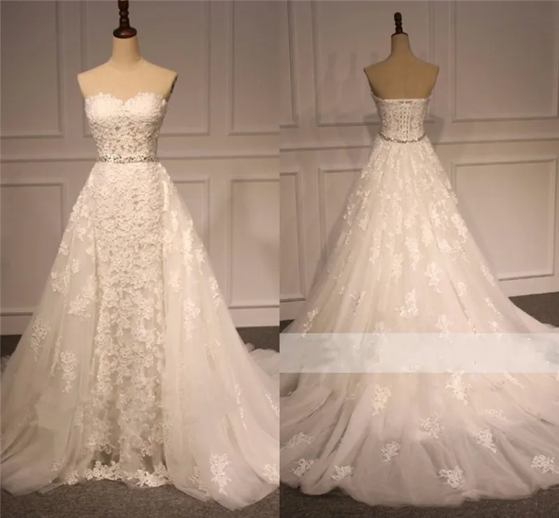 

Ivory White Wedding Dresses Lace Sweetheart See Through Bling Crystal Ribbon Corset Back Detachable Court Train