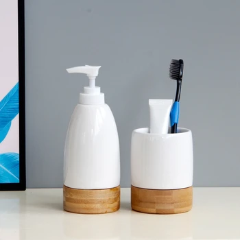 

Two-Piece Ceramic Bamboo Mouthwash Cup Brushing Cup Bathroom Lotion Container Kitchen Tableware Dishwashing Liquid Container