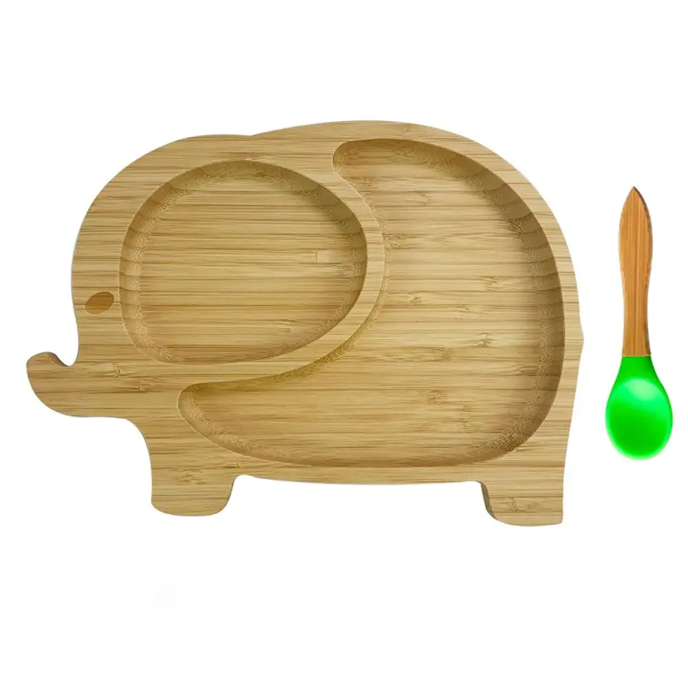 Высокое Качество Слон вилка ребенка всасывания чаша и соответствующие ложки набор, всасывания оставаться положить миску для кормления, натуральный бамбук - Цвет: GreenPlate andSpoon