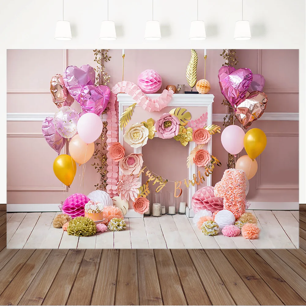 

Birthday Backdrop Balloon Paper Flowers Decoration Photography Backdrops Girls Artistic Fireplace Backgrounds for Photo Studio