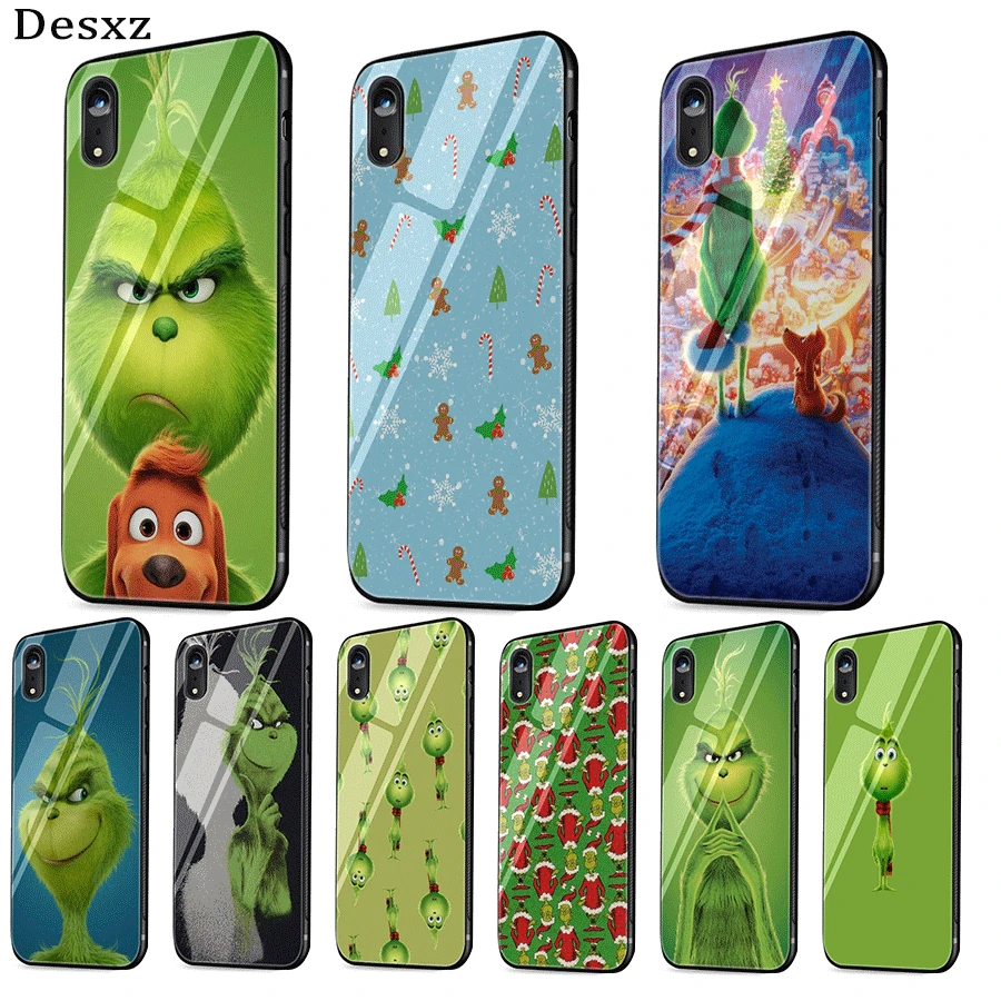 

Mobile Phone Glass Case For iPhone 5 5s SE 6 6s 7 8 Plus XR X XS Max Cover Green Grinch Shell
