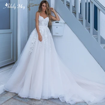 

Adoly Mey Charming Sweetheart Neck Appliques Court Train A-Line Wedding Dress 2020 Spaghetti Straps Beaded Princess Wedding Gown