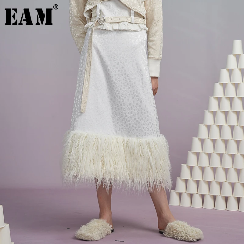 [EAM] юбка с высокой талией, с перьями, с разрезом, белая, темпераментная, половина тела, женская мода, новинка, весна-осень, 19A-a462