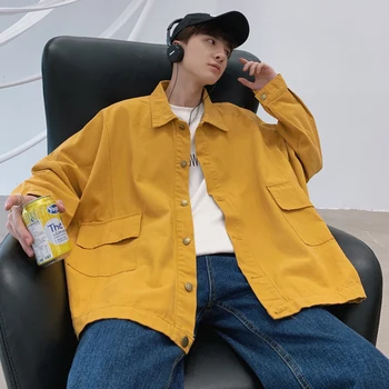 

2019 Autumn And Winter New Men's Washed Tooling Jacket Fashion Casual Solid Color American Cotton Jacket Black / Yellow M-5XL