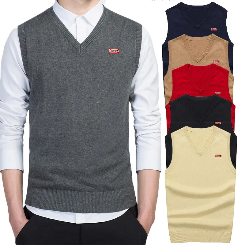 Suéter con cuello en V para hombre, ropa de primavera y otoño, chaleco informal sin mangas de negocios, suéteres de algodón de Cachemira